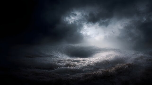 A powerful vortex of swirling water and foam beneath dark dramatic storm clouds