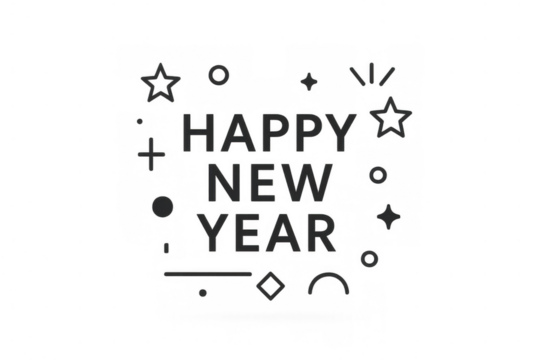 Happy new year text with festive abstract elements and stars, celebrating winter holidays on transparent background