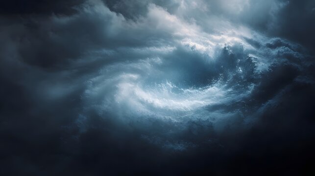 Dramatic swirling vortex of dark turbulent storm clouds illuminated by intense light