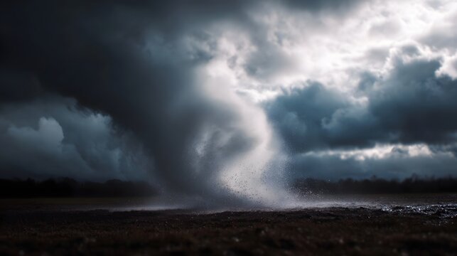 Dramatic tornado vortex with rising spray under dark stormy clouds in a natural outdoor landscape - Powered by Adobe
