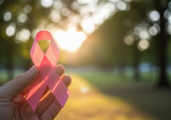 Hand holding pink ribbon for breast cancer awareness