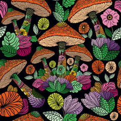 Mushrooms decorative Nature elements assembled to compose a Vector textile Seamless Repeat Pattern on multicolored psychedelic zentangle style
