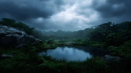 A dramatic storm illuminates a secluded jungle pool reflecting the lightning filled sky amidst lush vegetation and rocks