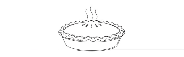Continuous line drawing of a steaming hot pie, representing baking, comfort food, and homemade desserts, isolated on a white background.