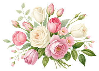 white and pink flowers isolated on a transparent background. Floral arrangement, bouquet of roses and tulips. Can be used for invitations, greeting, wedding card.