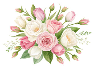 white and pink flowers isolated on a transparent background. Floral arrangement, bouquet of roses and tulips. Can be used for invitations, greeting, wedding card. 2
