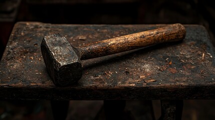 Aged, heavy-duty hammer on workbench