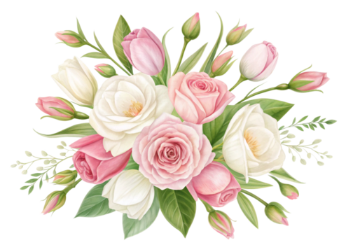 white and pink flowers isolated on a transparent background. Floral arrangement, bouquet of roses and tulips. Can be used for invitations, greeting, wedding card. 2