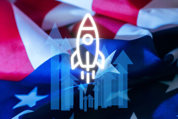 Rocket launch graphic overlay on American flag representing innovation and progress in technology