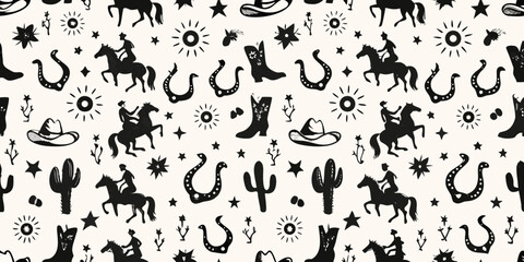 Whimsical western silhouette pattern featuring cowboys horses boots hats cacti and horseshoes