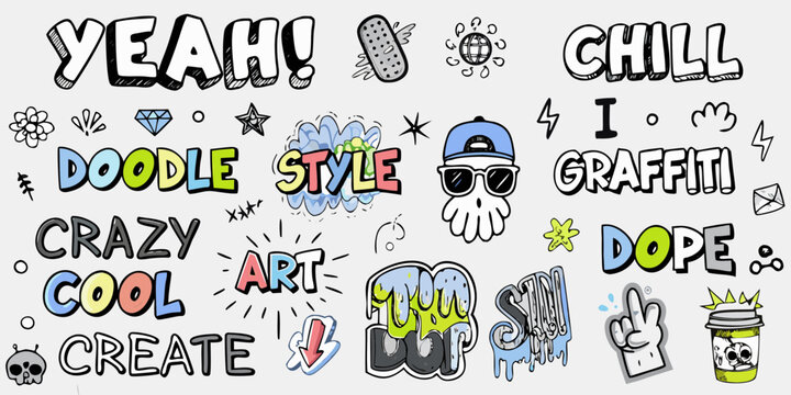 Collection of hand drawn graffiti style doodles and words with a cool urban vibe