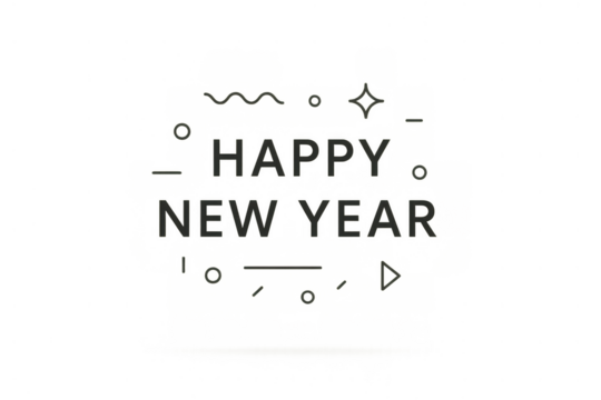 New year greeting featuring happy new year text with simple geometric lines and shapes, ideal for celebrations