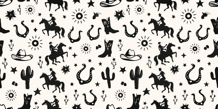 Whimsical western silhouette pattern featuring cowboys horses boots hats cacti and horseshoes