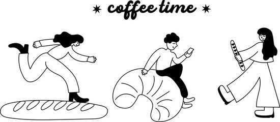 Clean black and white hand-drawn coffee icons and characters &mdash; perfect for sticker packs and patterns.