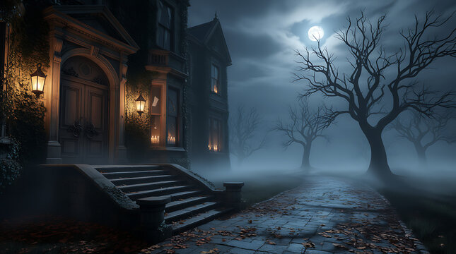 Mysterious and eerie dark castle entrance at night with glowing lanterns and a bare tree silhouetted against a foggy moonlit sky creating a spooky atmosphere