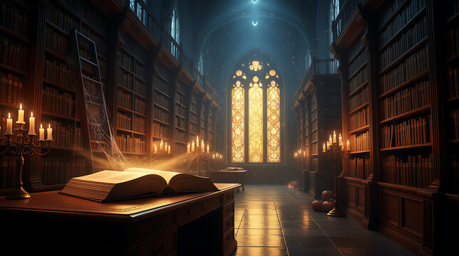 An ancient dimly lit library filled with towering bookshelves a glowing stained glass window and an open book illuminated by candlelight evoking a sense of mystery and knowledge