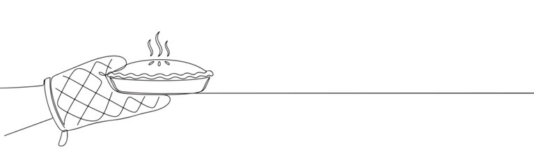 Continuous line drawing of a hand in an oven mitt holding a hot pie, symbolizing home baking and fresh food, isolated on a white background.