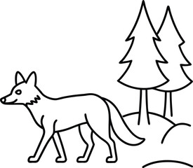 Fox walking through forest outline line art vector illustration