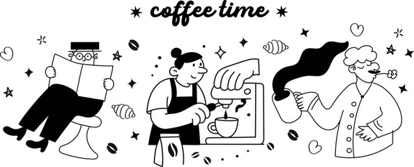 Modern caf&eacute; doodles with coffee cups, people, and croissants &mdash; perfect for packaging or logo design.