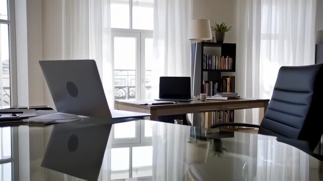 Modern office space with a large table and laptop computer.