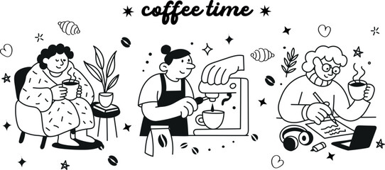 Black and white doodle café icons with funny coffee drinkers — perfect for menus and branding.