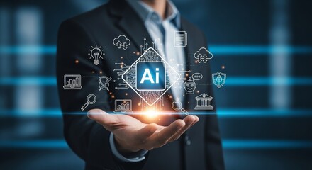 AI Business Solutions - Businessman Holding Digital Network with Technology Icons