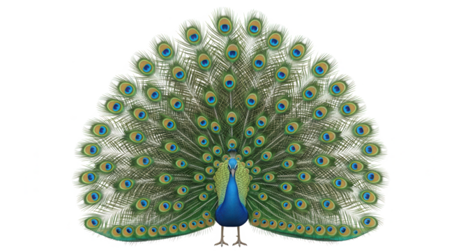 Magnificent male peacock displaying its vibrant iridescent fanned tail feathers in full glory isolated on transparent background