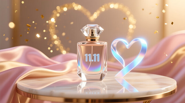Elegant perfume bottle with a shimmering heart shaped light and soft pink fabric symbolizing love romance and beauty perfect for luxury product advertising and romantic themes