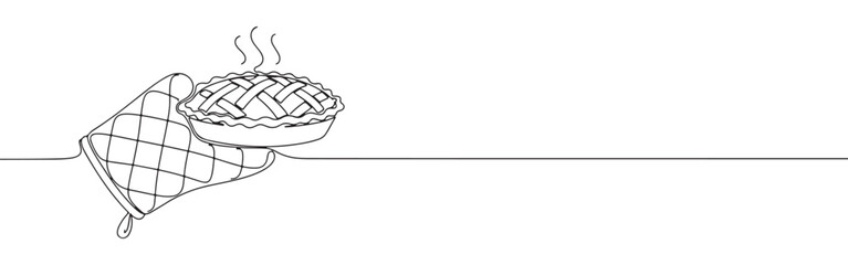 Continuous line drawing of a hand in an oven mitt holding a hot pie, symbolizing home baking and fresh food, isolated on a white background.