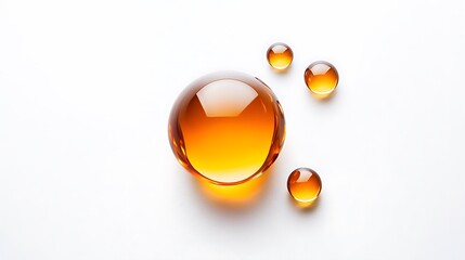 Amber liquid droplets on white background