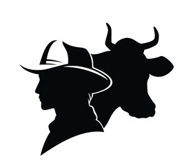 american rancher cowboy wearing hat and cow head black and white vector silhouette design for rodeo or cattle ranch emblem