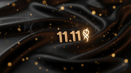 Golden 11 11 numerals with sparkling lights and bokeh effect on a luxurious dark silk background representing e commerce sales and shopping events