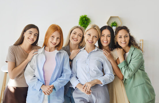 Fototapeta Women happy group meeting for team business training and leadership. Diverse people colleagues laugh in office workshop, fostering collaboration, diversity and support. Female teamwork.