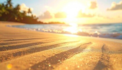 Fototapeta premium Golden Sand Beach Sunrise With Calm Turquoise Waves Gentle Ocean Surf In Soft Golden Sunlight With Palm Trees In The Background Creating A Serene Tropical Paradise Scene