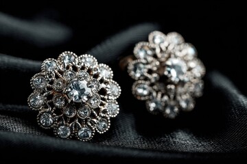 Fototapeta premium Close up of two silver filigree diamond earrings on dark fabric