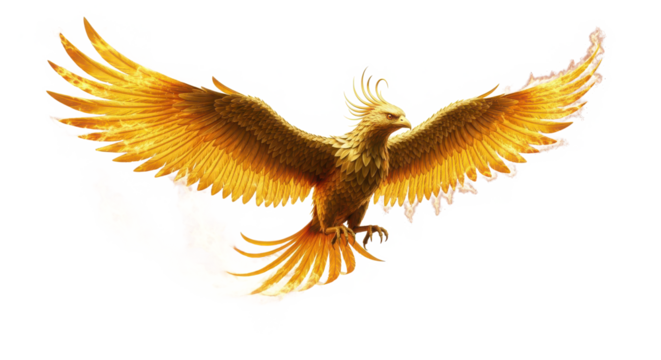Majestic mythical phoenix bird with outstretched wings glowing with fiery orange and gold feathers symbolizing rebirth and immortality isolated on transparent background