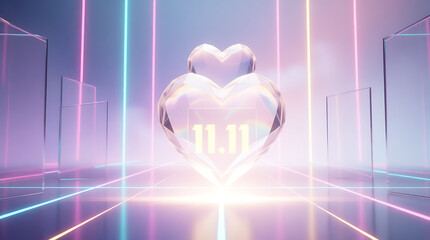 Abstract glowing geometric heart shape illuminated by vibrant neon light lines in a futuristic digital cityscape with a soft focus background and bright central light