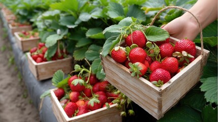 Group of workers carefully picking ripe strawberries from the plants, filling green baskets in a sunny field, focused on their task