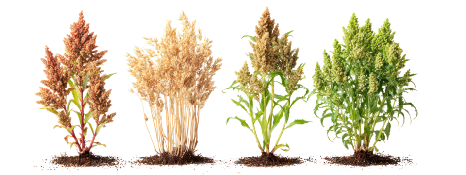 Four Sets of Quinoa Plants, Teff Plants, Spelt Plants, and Buckwheat Plants on Transparent Background