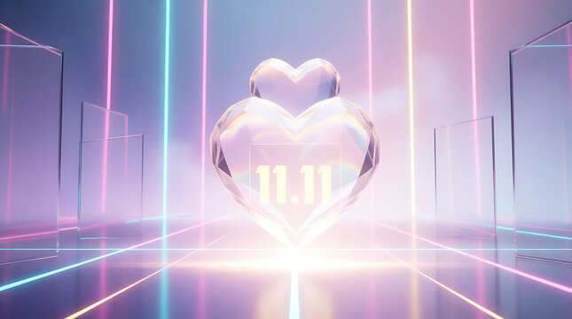 Abstract glowing geometric heart shape illuminated by vibrant neon light lines in a futuristic digital cityscape with a soft focus background and bright central light