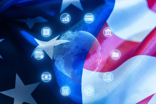 Visual representation of global finances overlaid on the American flag at a modern business event