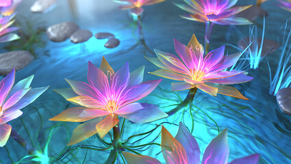 Enchanting underwater scene with glowing lotus flowers and ethereal light beams illuminating the tranquil blue water and smooth pebbles