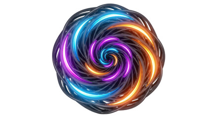 Vibrant swirling energy vortex with glowing neon light trails in electric blue purple and orange hues isolated on transparent background