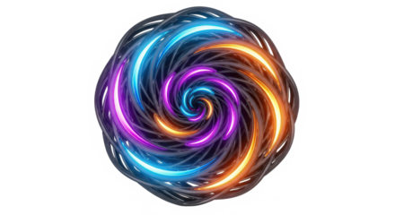 Vibrant swirling energy vortex with glowing neon light trails in electric blue purple and orange hues isolated on transparent background