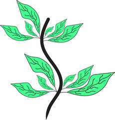 Stylized green leaves growing on a curved stem