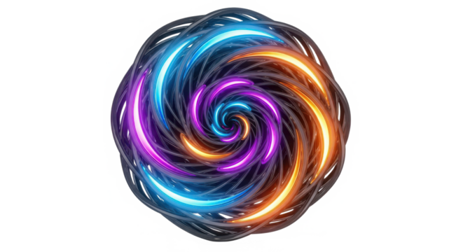 Vibrant swirling energy vortex with glowing neon light trails in electric blue purple and orange hues isolated on transparent background
