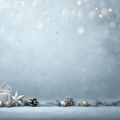 A Christmas composition with snow, Christmas tree decorations, and a gift created using a neural network. A Christmas photo with space for text or a product. New Year's