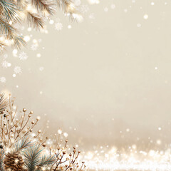 A Christmas composition with snow, Christmas tree decorations, and a gift created using a neural network. A Christmas photo with space for text or a product. New Year's