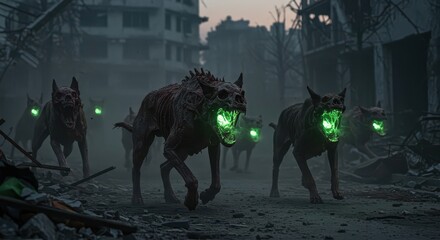 Fototapeta premium Grotesque, monstrous canines with glowing green mouths advance through a desolate urban ruin