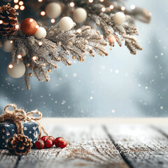 A Christmas composition with snow, Christmas tree decorations, and a gift created using a neural network. A Christmas photo with space for text or a product. New Year's